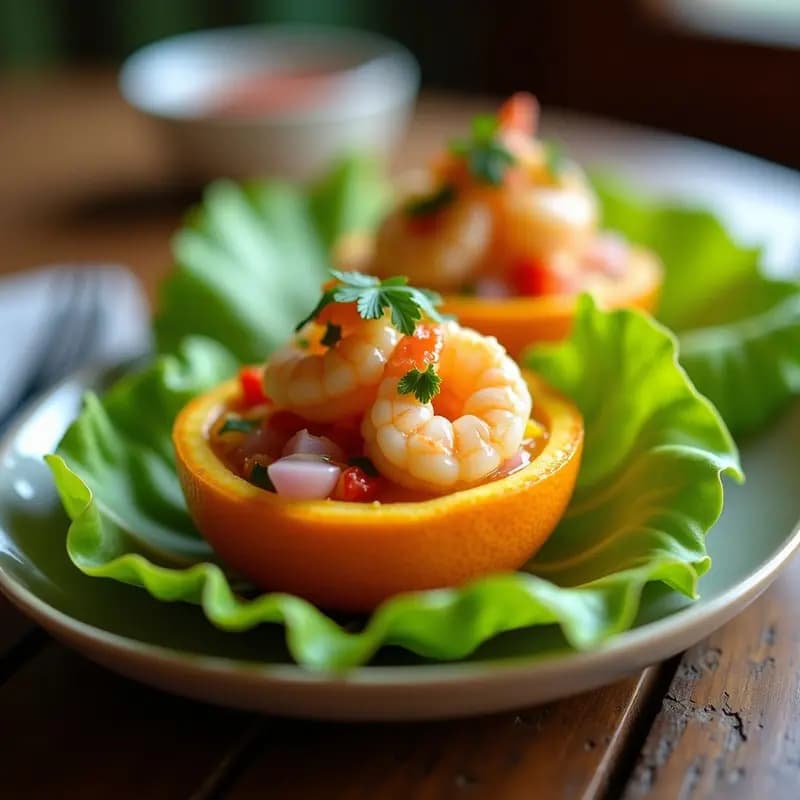 Ceviche de camarones con maracuyá y jengibre servido en cáscaras de naranja amarga sobre hoja de lechuga, con rodajas de jengibre y cilantro fresco. Plato refrescante y colorido de la cocina ecuatoriana.
