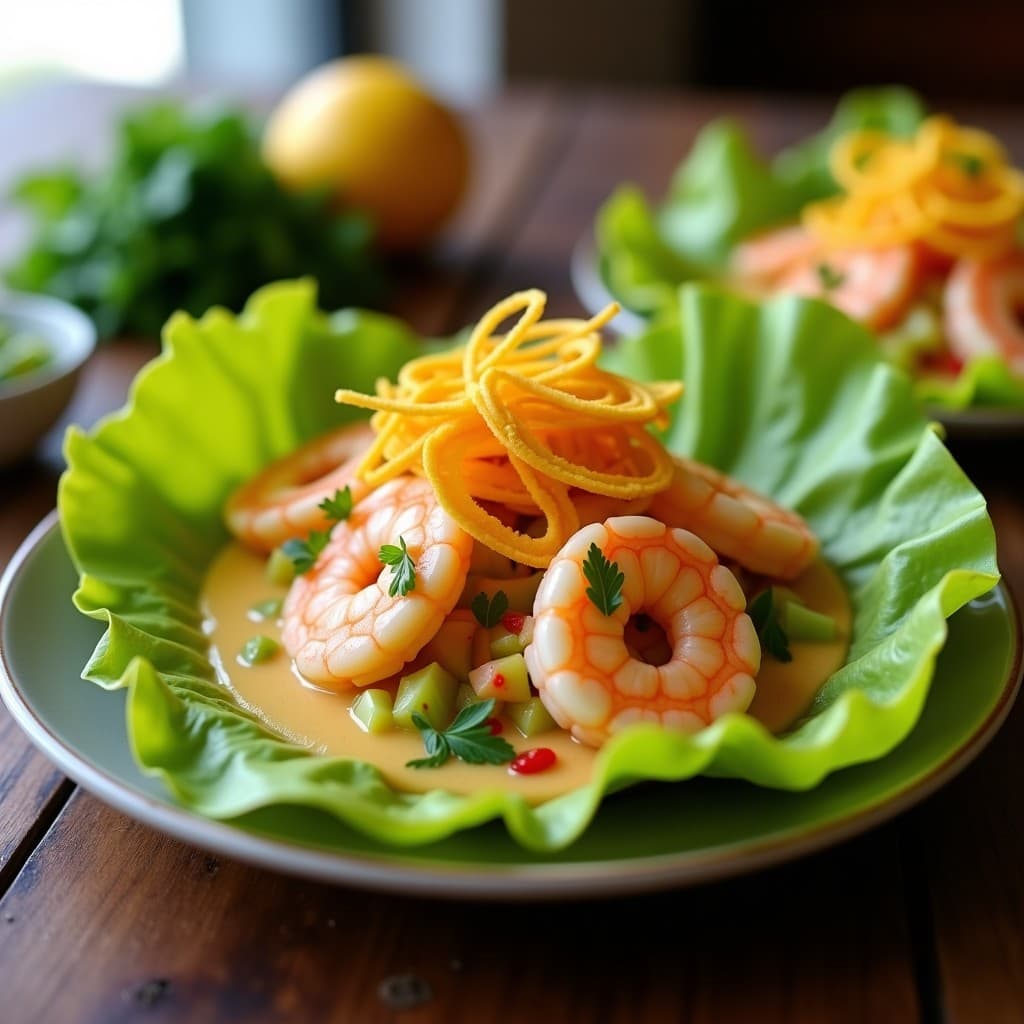 Ceviche peruano keto de camarones rosados marinado en leche de tigre amarilla con trozos de maracuyá, apio y pimiento rojo, servido en hoja de lechuga y coronado con láminas doradas y crujientes de plátano verde tostado. Plato fresco y colorido sobre fondo rústico de madera.