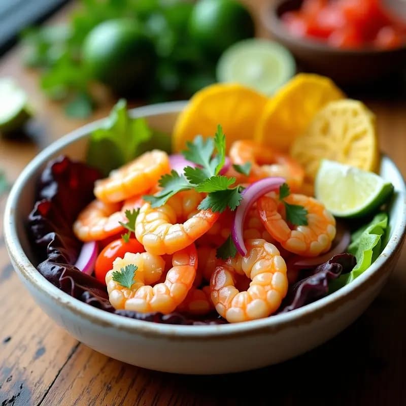 Plato de ceviche ecuatoriano con camarones marinado en leche de tigre de naranja agria, servido sobre hojas de lechuga morada y acompañado de chifles de plátano verde dorados y crujientes.