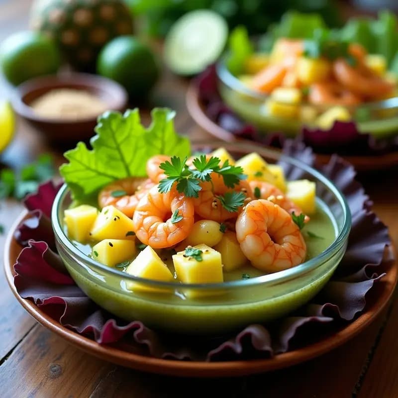 Ceviche de camarones y piña ecuatoriano servido en cáscara de piña, con trozos de camarón rosado, cubos de piña amarilla, cilantro verde fresco y cebolla morada. Acompañado de hojas de lechuga romana y semillas de sésamo tostado sobre una mesa de madera rústica.