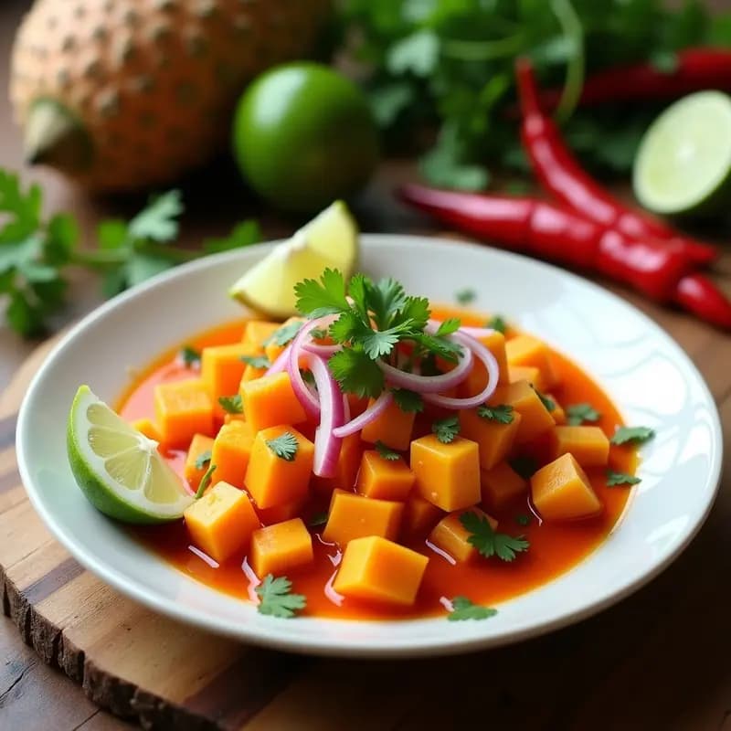 Plato hondo de cerámica blanca con ceviche de camote y piña con chile de árbol, servido sobre hojas de lechuga. Trozos de camote naranja y piña amarilla bañados en salsa rojo-anaranjada de chile, decorado con cilantro fresco y rodajas de limón verde. Fondo rústico de madera con ingredientes dispersos como chiles secos y limones.
