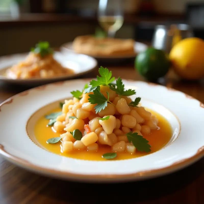 Plato hondo de cerámica blanca con ceviche de carita de vieja en cubos, marinado en cítricos, acompañado de cebolla morada, tomate cherry, cilantro y hierbabuena. Servido sobre hojas de lechuga morada y decorado con rodajas de pepino. Fondo rústico con tostadas de maíz al lado.