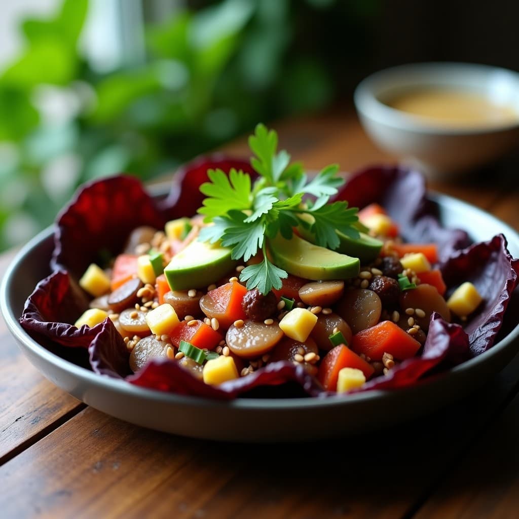 Ceviche vegano colombiano de cereza de café y hongo shiitake en copa de cristal, con trozos de aguacate, semillas de sésamo y hojas de citronela, acompañado de tostadas de maíz.