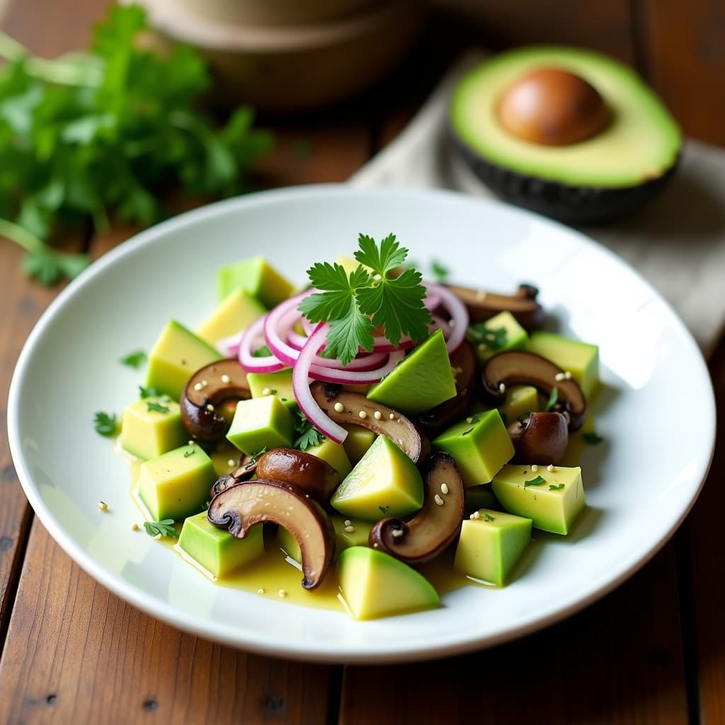 Ceviche vegano de champiñones portobello y shiitake marinado en limón verde, con cubos de aguacate hass, cebolla morada en juliana y cilantro fresco. Servido en un plato blanco con decoración de semillas de sésamo y algas nori, receta sin pescado.