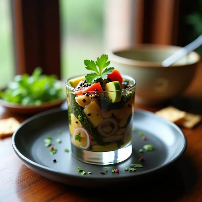 Copa de cristal transparente con ceiche de champiñones portobello en láminas finas, algas nori en tiras, cebolla morada, pimiento rojo y aguacate en cubos, decorado con semillas de sésamo negro y cilantro fresco. Plato de entrante peruano-japonés vegano, servido con galletas de arroz al lado.