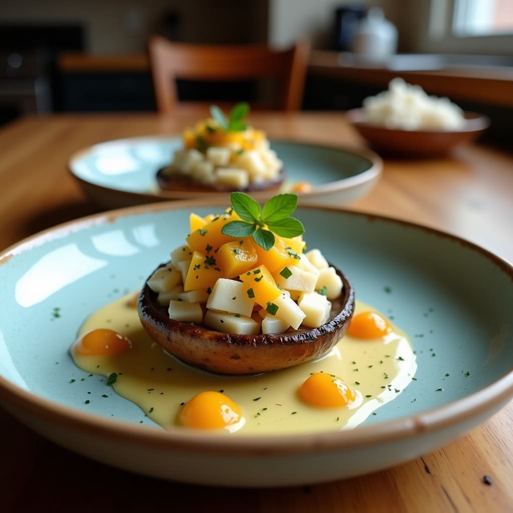 Ceiche de champiñones portobello marinado en leche de coco y cítricos, servido en plato blanco con cebolla morada, cilantro y semillas de sésamo, receta vegana peruana fresca y cremosa.