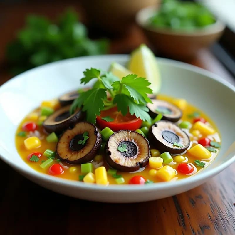 Ceviche de champiñones Portobello con leche de tigre de lima y ají amarillo servido en un plato blanco hondo, con láminas de champiñones marinados, cebolla morada, pimiento rojo, maíz, aguacate en cubos y decorado con cilantro fresco y rodajas de lima.