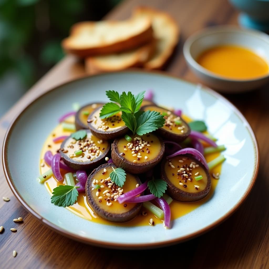 Ceviche vegano de champiñones portobello marinado en leche de tigre, servido en copa de cóctel con lechuga morada crujiente, semillas de sésamo y hojas de menta. Plato colorido y fresco, ideal como aperitivo.