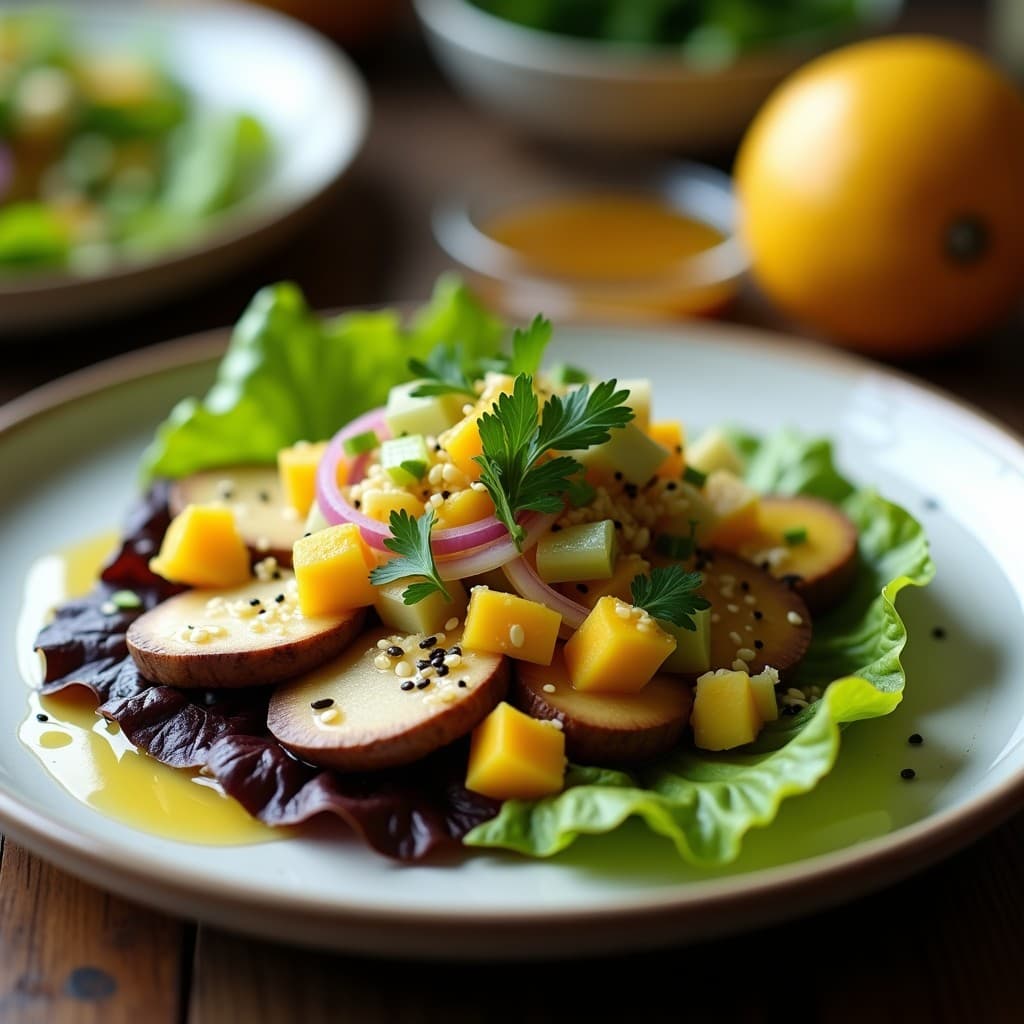 Plato de ceviche vegano peruano con láminas de champiñones Portobello marinado, cubos de mango amarillo, cebolla morada en juliana y cilantro fresco, bañado en Leicht de Tigre. Decorado con semillas de sésamo tostadas y copos de alga nori sobre un fondo de hojas de lechuga morada.
