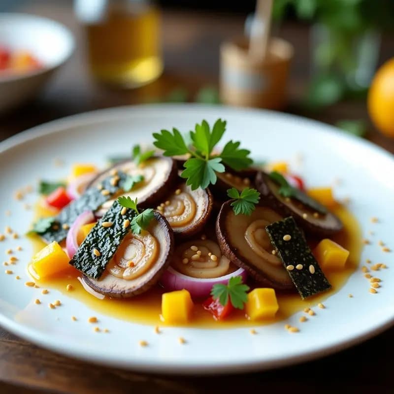 Ceviche de champiñones portobello en láminas gruesas marinados en yuzu y aceite de oliva, servido en plato blanco con cebolla morada, pimiento amarillo, cilantro y decorado con alga nori y semillas de sésamo tostadas. Receta vegana gourmet fresca y colorida.