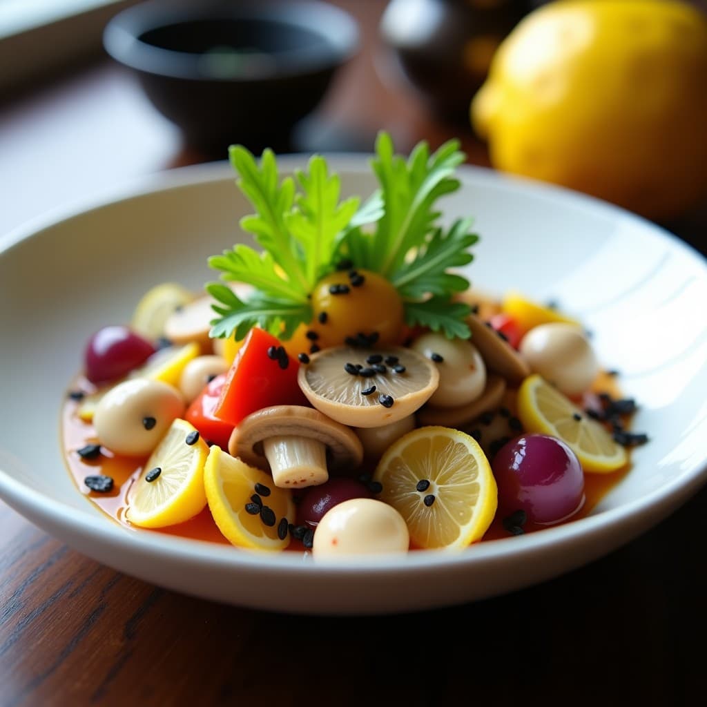 Ceviche de champiñones shimeji y limón yuzu servido en cucharas de endibia, con copos de alga nori y semillas de sésamo negro, entrante japonés vegano y crudivegano.