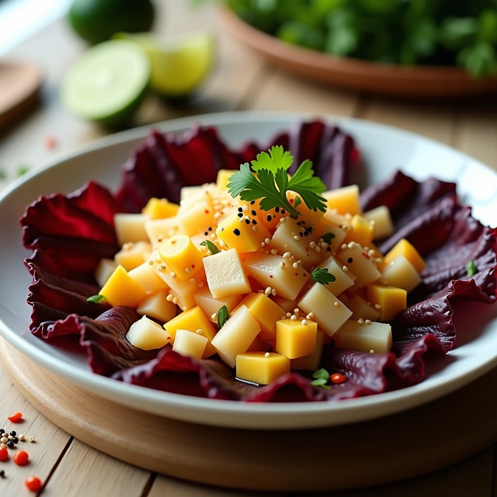 Plato de ceviche vegano peruano con cubos de chirimoya dorada, julianas de jicama blanca y trozos de ají rocoto rojo, bañado en leche de tigre cítrica, servido sobre hojas de lechuga morada y decorado con semillas de sésamo.