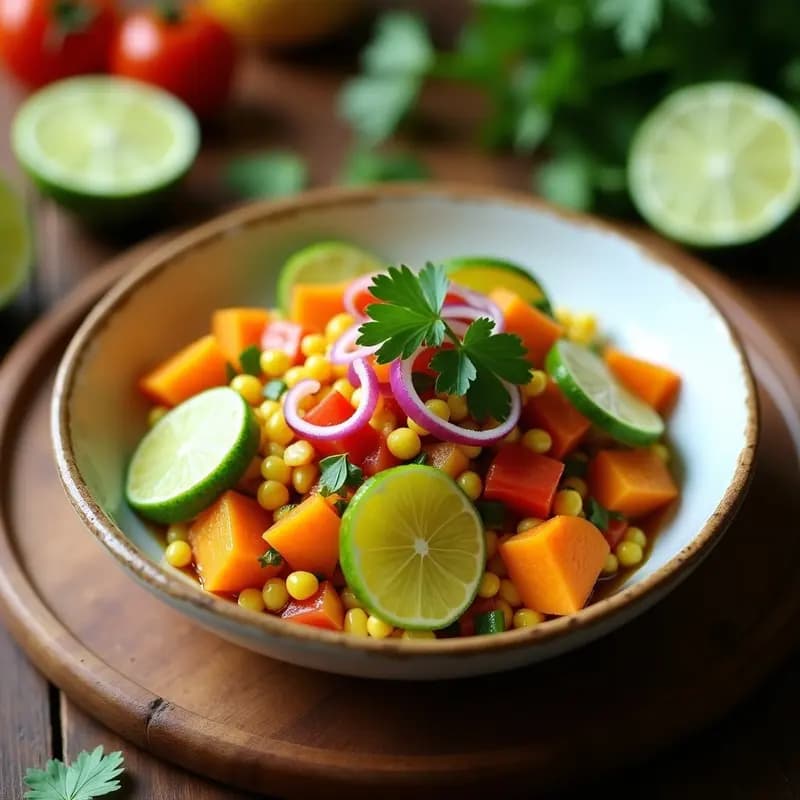 Ceviche de chonto con camote y maíz ecuatoriano servido en plato hondo de barro, con rodajas de naranja agria y cilantro fresco. El chonto en láminas finas, camote en cubos dorados y granos de maíz amarillo brillantes, bañados en leche de tigre cítrica.