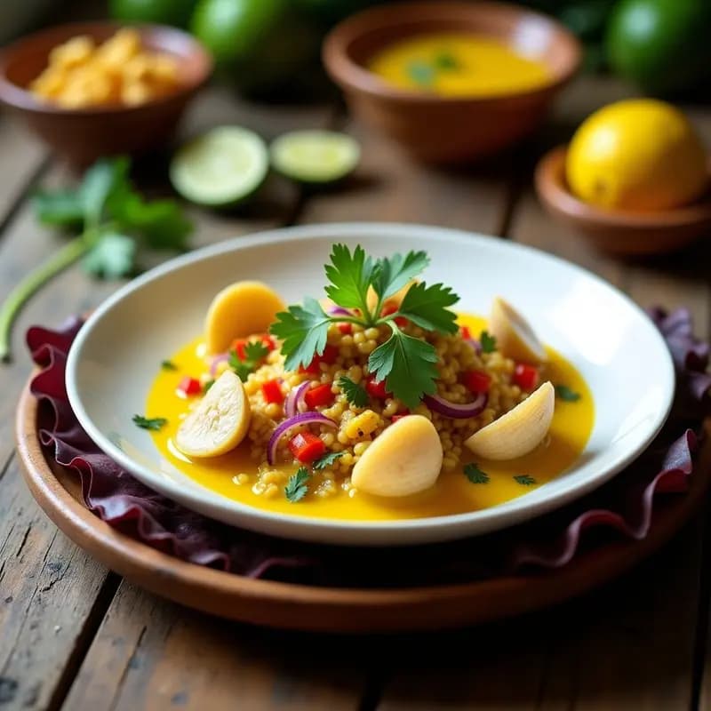 Plato hondo de cerámica blanca con ceviche de choritos marinado en leche de tigre de cúrcuma, de color amarillo dorado vibrante, acompañado de cebolla roja en juliana, pimiento rojo en cubos y culantro fresco. Servido sobre hojas de lechuga morada y con cancha serrana al lado. Decorado con rodajas de limón verde y hebras de culantro.