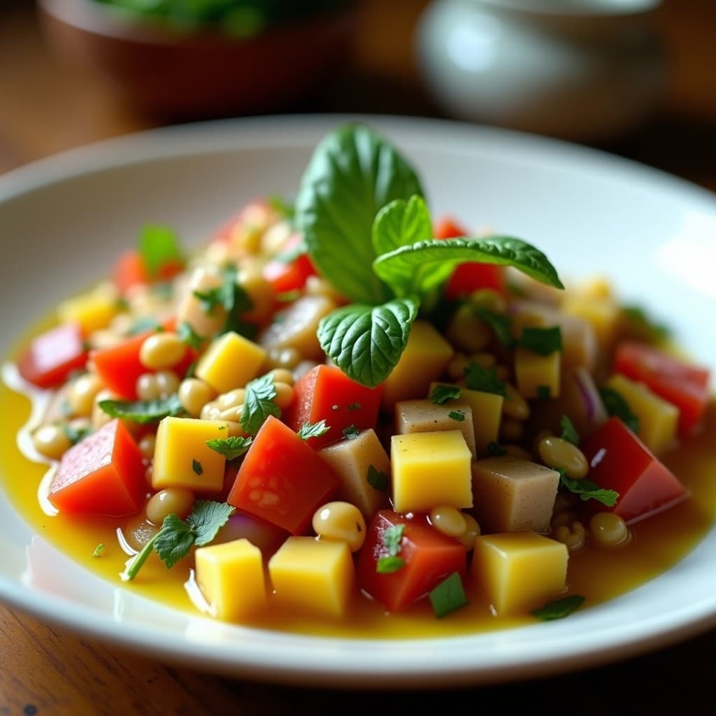 Ceviche de chuño con tomate y cilantro servido en un plato blanco, con trozos de chuño marinado, tomate rojo, cebolla morada y cilantro fresco, decorado con cancha y hojas de hierbabuena.