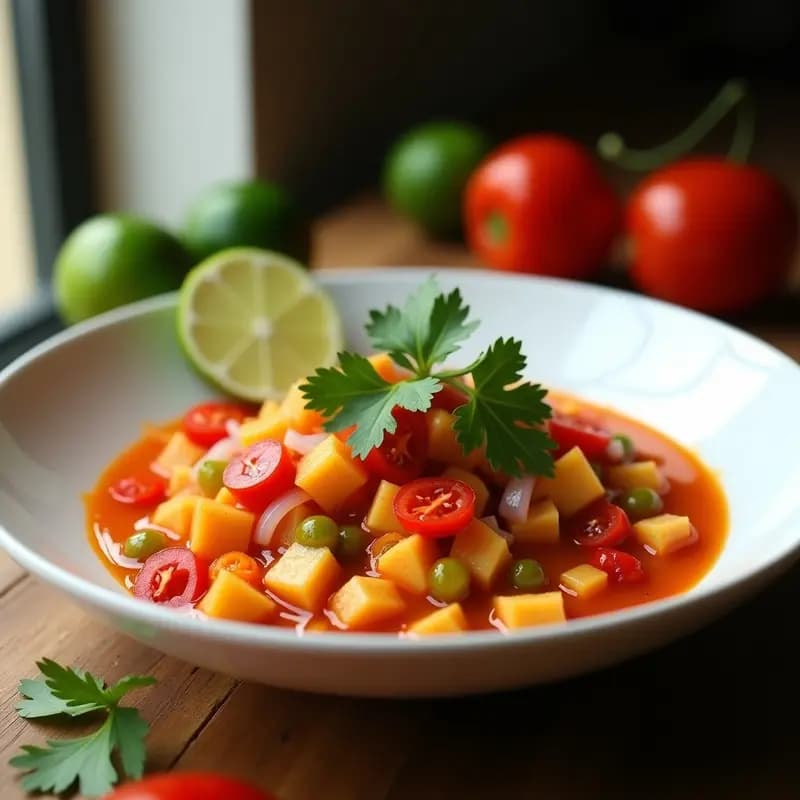 Plato hondo de cerámica blanca con ceiche de chuño y tomates secos bañado en leche de tigre de ají rocoto, decorado con cilantro fresco y rodajas de limón, sobre una mesa rústica de madera.