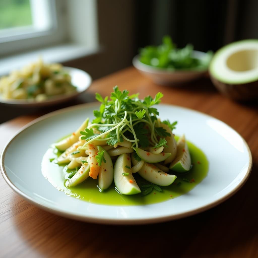 Ceviche vegano tailandés en copa de cristal con coco verde en cubos, tamara picada, lechuga de mar en tiras y semillas de sésamo negro, decorado con hojas de cilantro y rodajas de limón kaffir sobre fondo de madera oscura.
