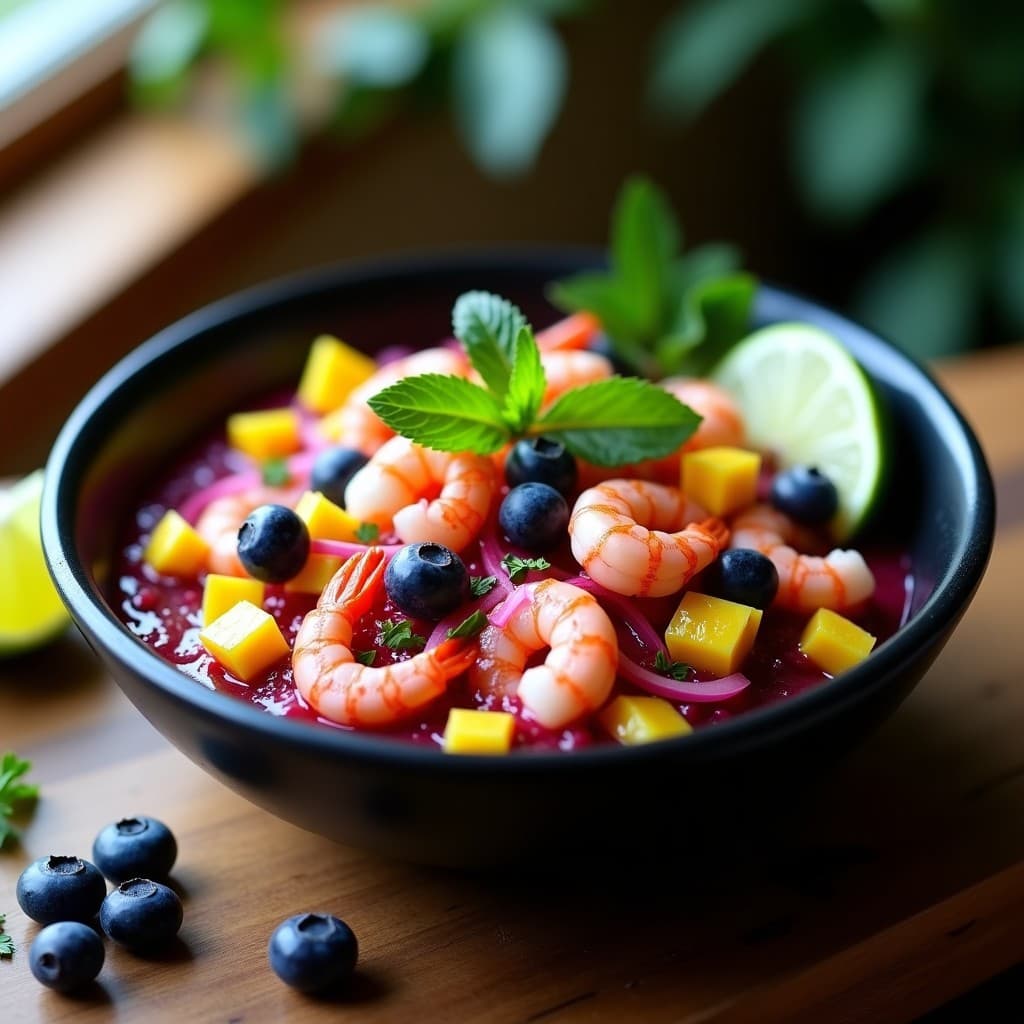 Ceviche de cocona y camarón con leche de tigre morada servido en plato hondo blanco, con trozos de camarón roses, cocona amarilla, cebolla morada y cilantro fresco, rodeado de rodajas de limón verde y cancha serrana.