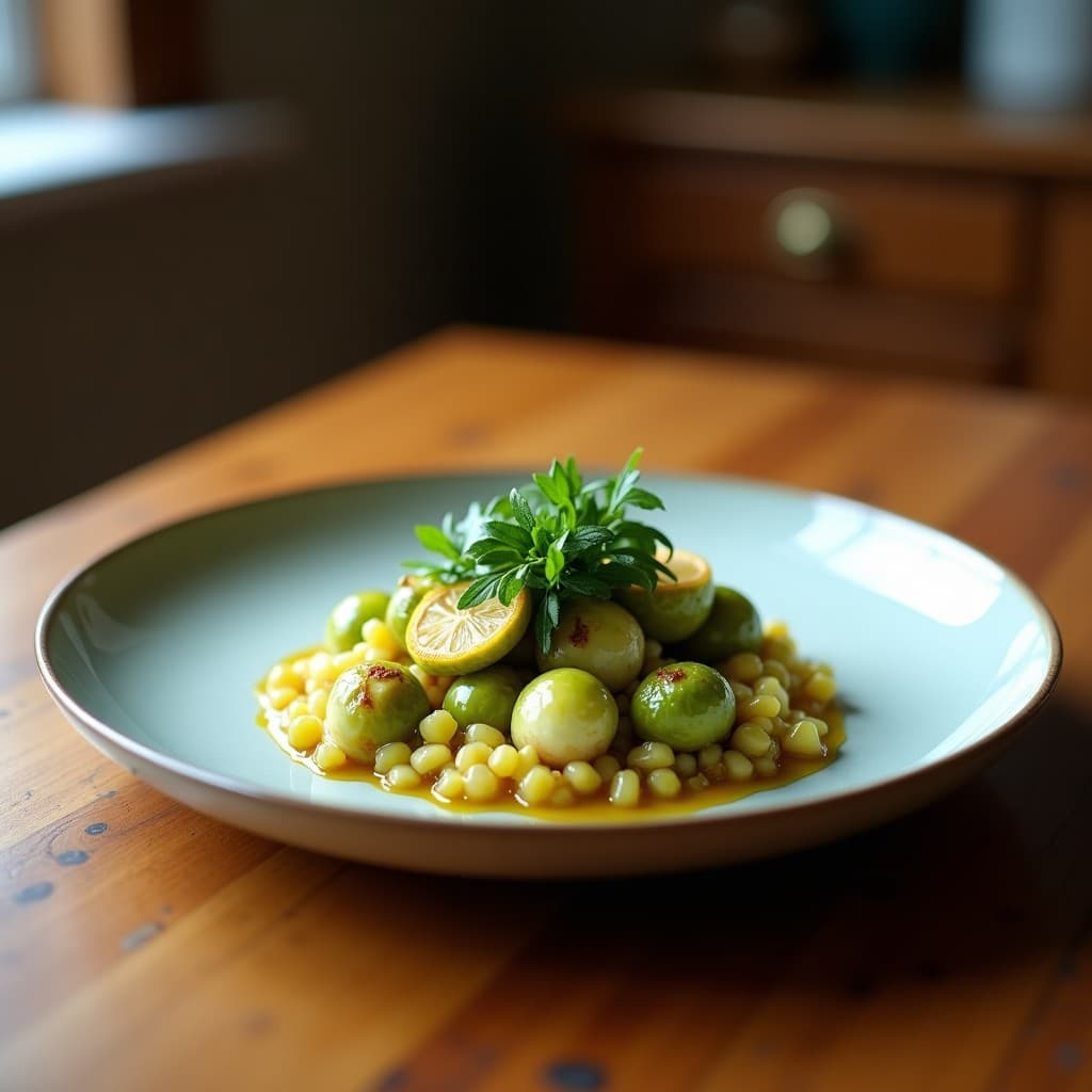 Ceviche vegano de coles de Bruselas en cuartos, marinadas en leche de tigre de limón yuzu, con algas dulse, cebolla morada, cilantro y aguacate en cubos. Servido en un bol blanco sobre fondo rústico de madera.