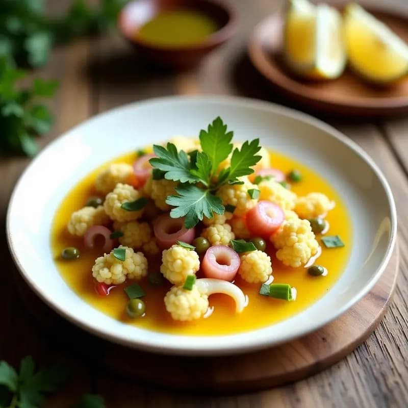 Plato blanco con ceviche de coliflor y alamares en escabeche, decorado con cilantro fresco y rodajas de limón, estilo fusion peruan-español vegano.