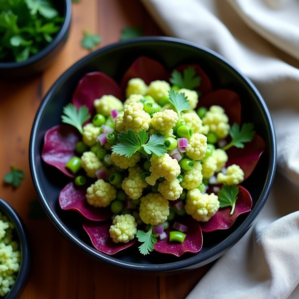 Plato hondo de cerámica negra con ceviche de coliflor y alga espirulina, servido sobre rodajas de camote morado. Los floretes de coliflor tienen un color verde esmeralda intenso, mezclados con cebolla morada, apio y rocoto. Decorado con hojas de cilantro y hierbabuena, con un fondo de hojas de lechuga morada.