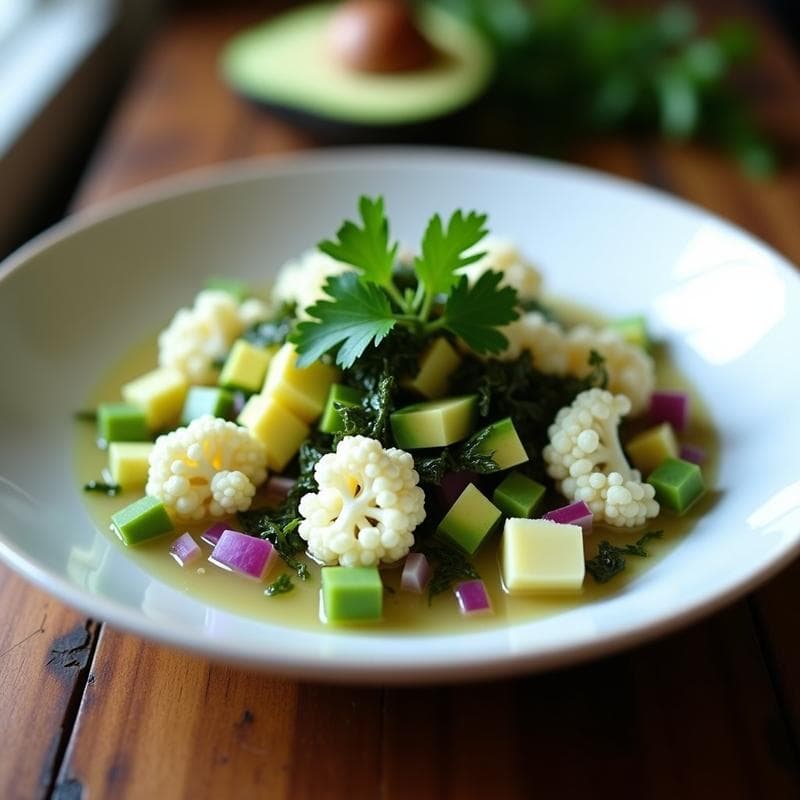 Ceviche de coliflor y algas dulse servido en un bol de cerámica blanca, con trozos de aguacate, cebolla morada y cilantro fresco, sobre un fondo rústico de madera.