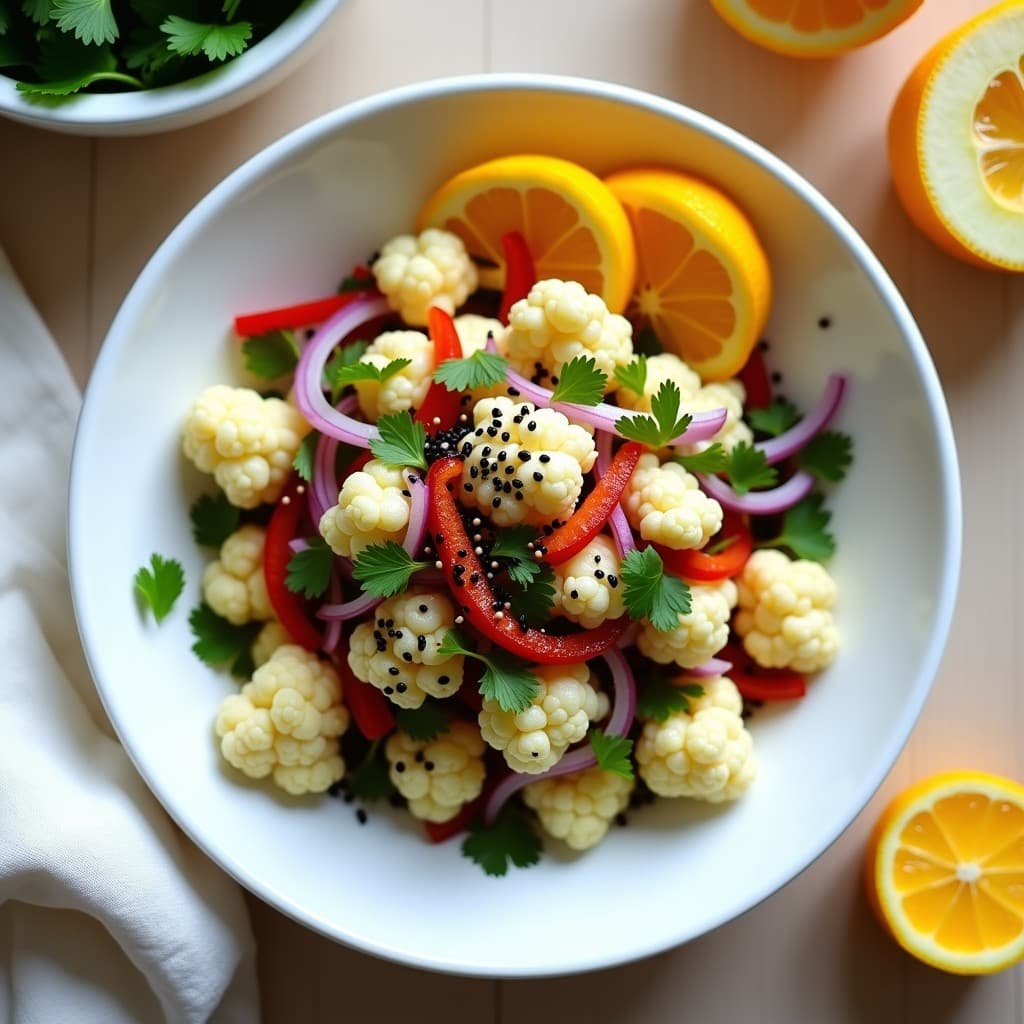 Ceviche vegano keto servido en un plato blanco hondo, con coliflor marinada en trozos pequeños, algas nori en tiras, cebolla morada en juliana, pimiento rojo y semillas de sésamo negro. Decorado con rodajas de yuzu y hojas de cilantro fresco.