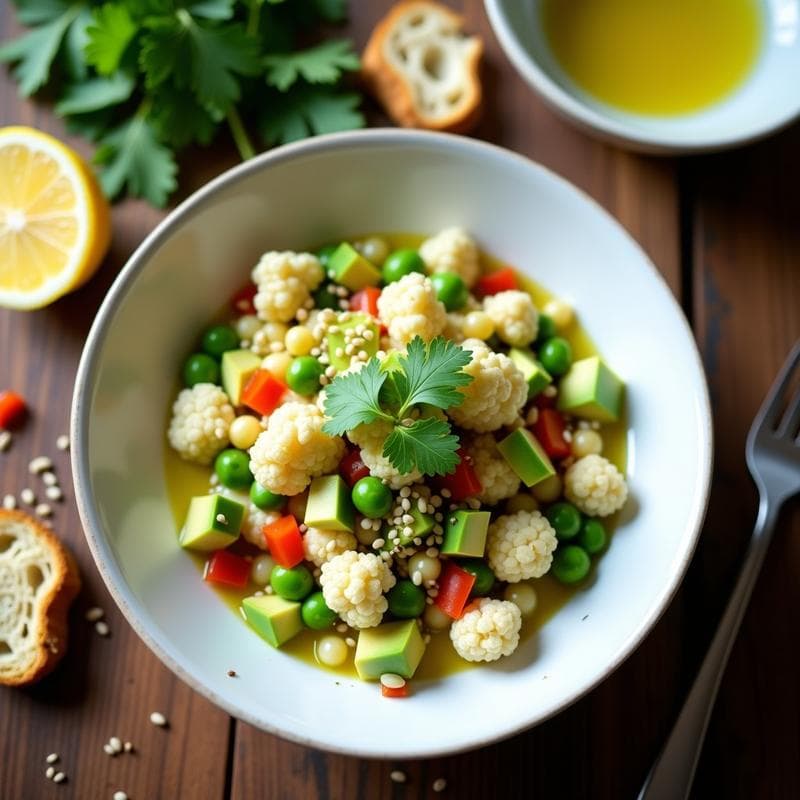 Plato blanco con ceviche de coliflor y edamame bañado en leche de tigre de yuzu, decorado con aguacate en cubos, semillas de sésamo y cilantro fresco. Fondos de cebolla morada y apio en juliana. Receta vegana peruano-japonesa fresca y colorida.