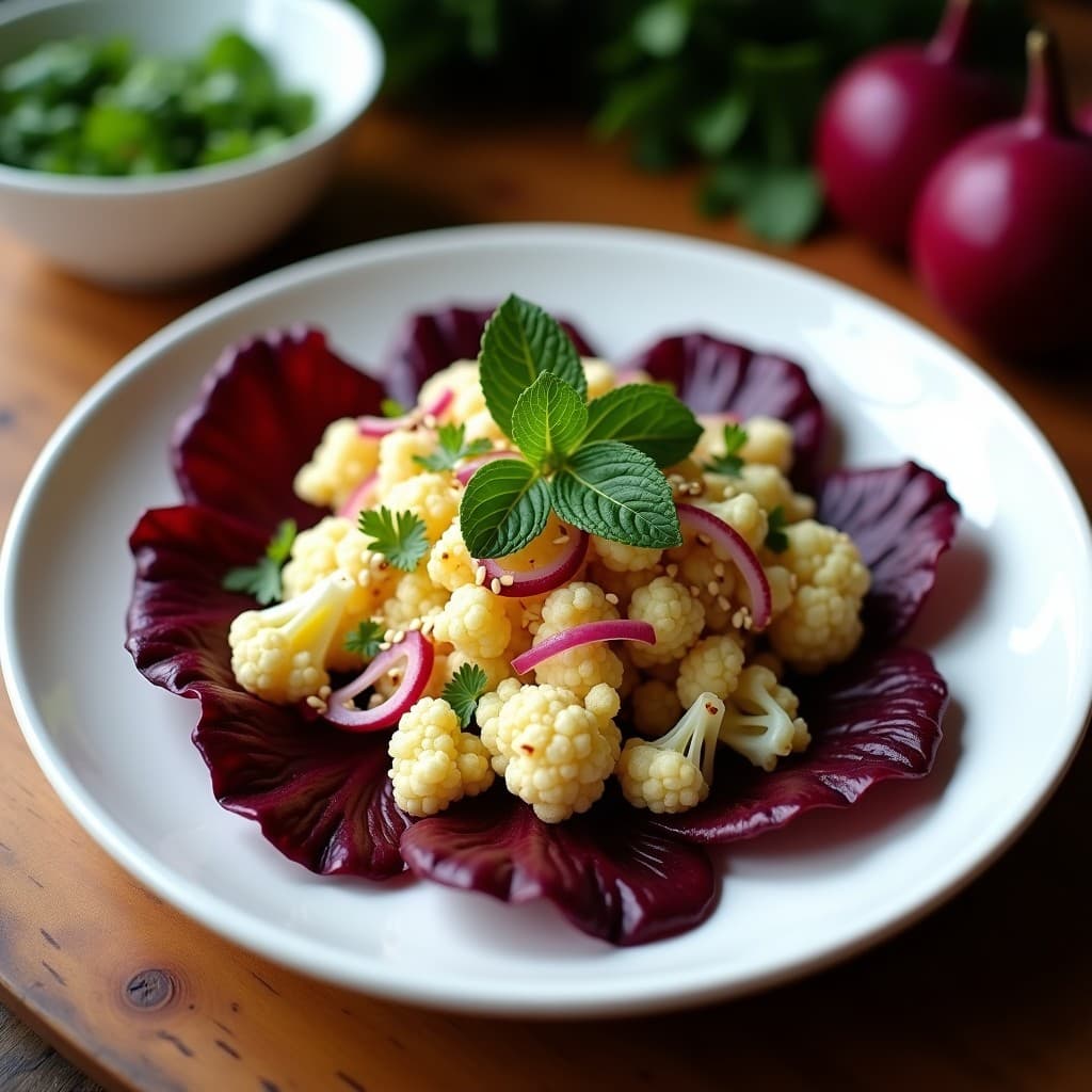 Plato colorido de ceviche vegano peruano con coliflor marinada en zumo de lulo, cebolla roja, cilantro y semillas de sésamo, servido sobre hojas de lechuga morada, decorado con menta fresca y rodajas de lulo.