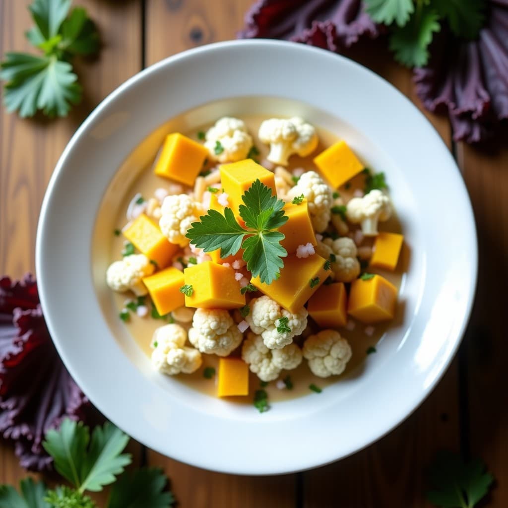 Plato blanco con ceviche de coliflor y mango en cubos, bañado en leche de tigernut cremosa, decorado con cilantro fresco y ají amarillo, con fondo de hojas de lechuga morada.