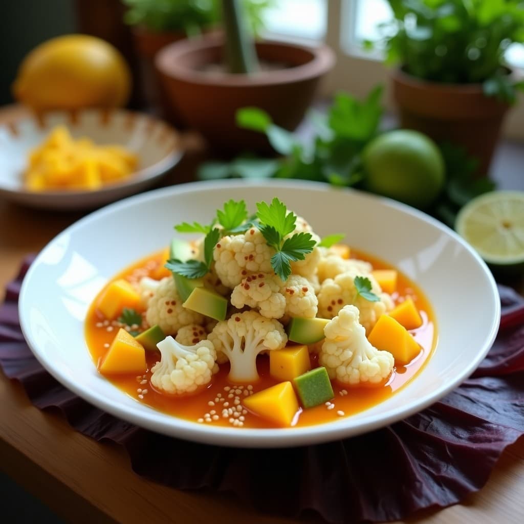 Plato hondo blanco con ceviche de coliflor y mango con leche de tigre de lulo, decorado con semillas de sésamo, aguacate en cubos y hojas de cilantro sobre lechuga morada. Receta vegana colombiano-peruana fresca y colorida.