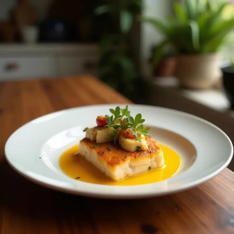 Plato hondo blanco con ceviche de coliflor y pimiento amarillo bañado en leche de tigre de jengibre, decorado con cilantro fresco. Receta peruana crudivegana fresca y colorida.