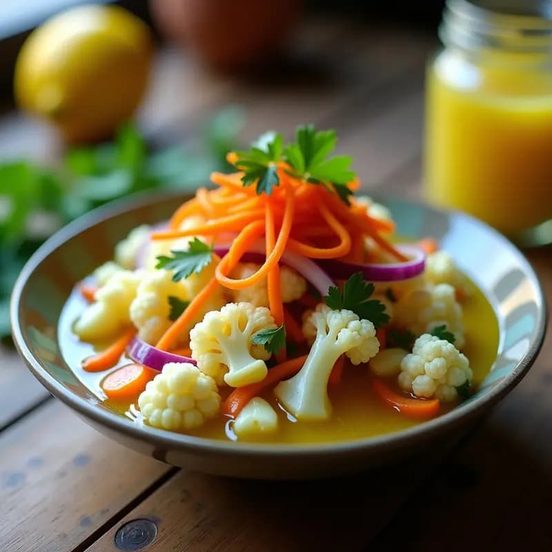 Ceiche de coliflor y zanahoria con leche de limón servido en copa de cristal transparente, con floretes de coliflor crudos, rodajas de zanahoria naranja, cebolla morada en juliana y hojas de cilantro fresco. Plato fresco y colorido, típico de la cocina peruana vegana sin pescado.