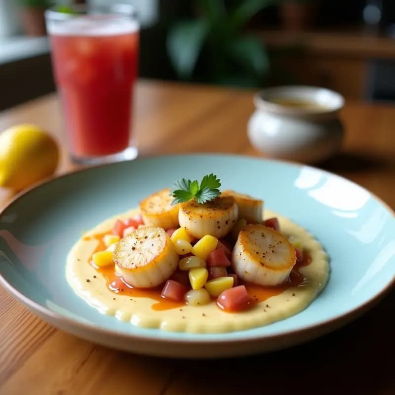 Ceviche ecuatoriano de conchas y maracuyá con leche de coco servido en copa de cristal transparente, con trozos de conchas tiernas, semillas de maracuyá, cebolla morada, cilantro fresco y un hilo de leche de coco cremosa. Decorado con gajos de lima y hojas de menta sobre fondo rústico de madera.