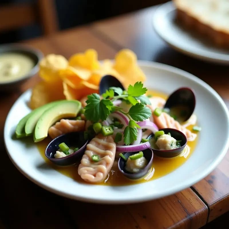 Plato hondo blanco con ceviche de conchas negras bañadas en leche de cocotero cremosa, acompañadas de rodajas de aguacate, cebolla morada, cilantro fresco y patatas fritas de bolsa. Decoración con hilo de mayonesa y trocitos de chile panameño. Receta costarricense de ceviche con limón sutí.