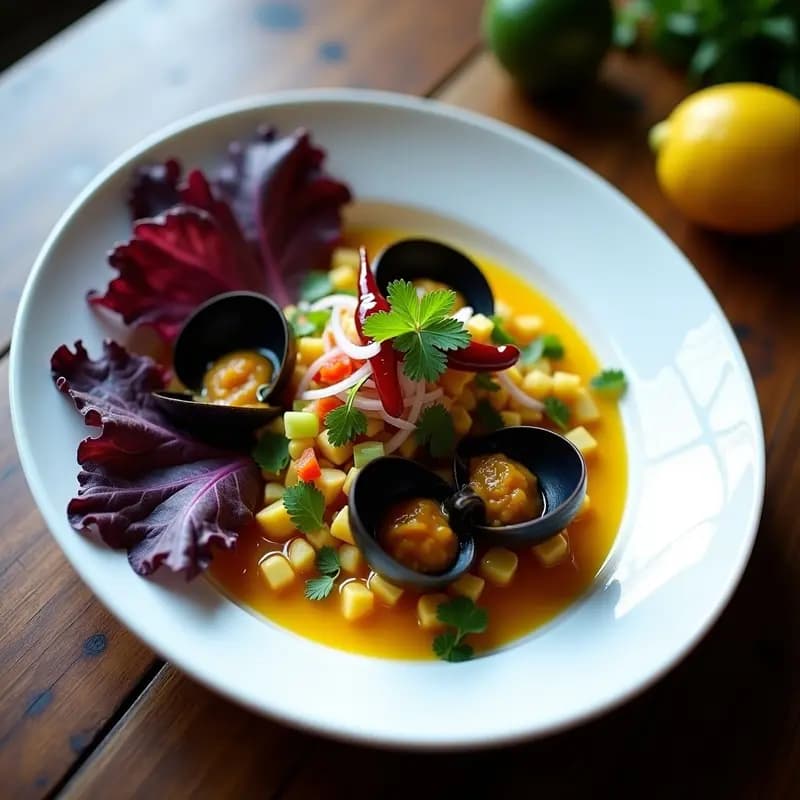 Plato blanco ovalado con ceviche de conchas negras marinadas en cúrcuma y limón, servido sobre hojas de lechuga morada, acompañado de rodajas de camote morado y decorado con cilantro fresco y ají charapita. Receta peruana exótica y afrodisíaca.