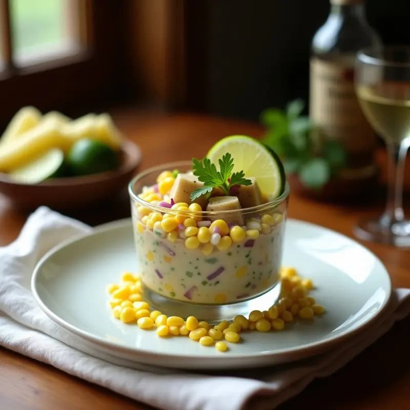 Ceviche de conchas negras con leche de tigre y maíz servido en copa de cristal sobre mesa rústica, decorado con granos de maíz amarillo, rodajas de limón verde y cancha serrana, receta peruana gourmet.