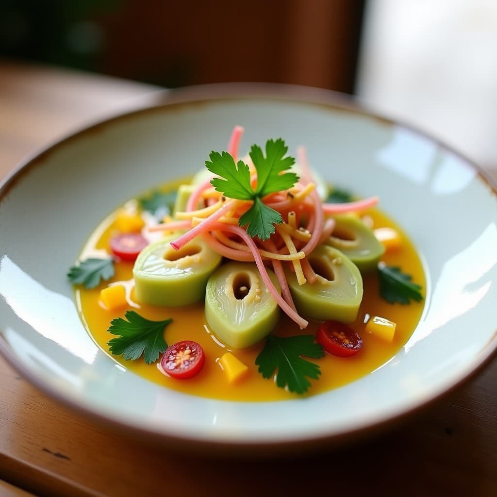 Plato hondo de cerámica blanca con ceviche crudivegano de corazón de alcachofa en láminas finas, bañado en leche de tigre dorada de cúrcuma y jengibre, acompañado de cubos de aguacate, mango verde, cebolla morada y almendras fileteadas. Decorado con cilantro fresco y pimienta rosa sobre fondo rústico de madera.