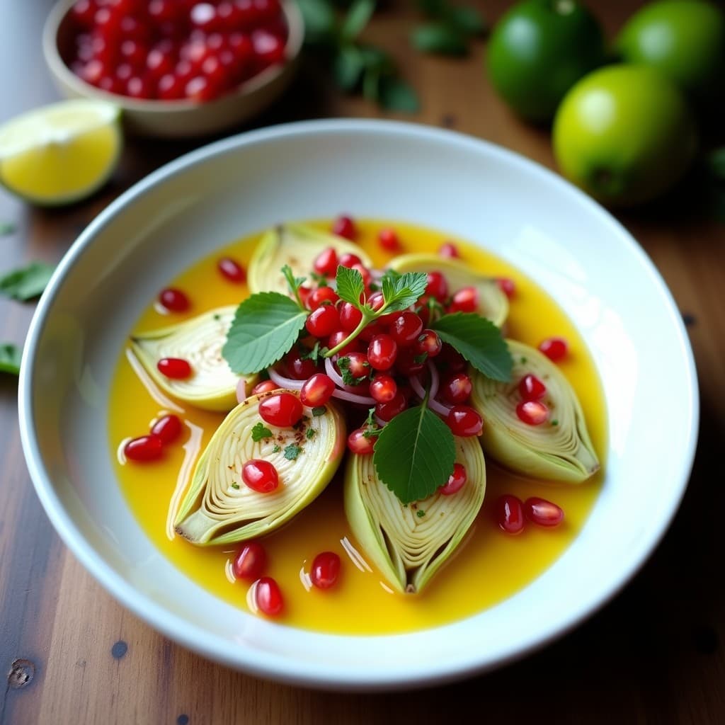 Ceviche vegano de corazón de alcachofa y limón negro servido en un plato blanco hondo, con rodajas de alcachofa marinadas en leche de tigre cremosa, decorado con semillas de granada, hojas de menta y cilantro fresco, y un hilo de aceite de oliva. Receta iraní fresca y colorida.
