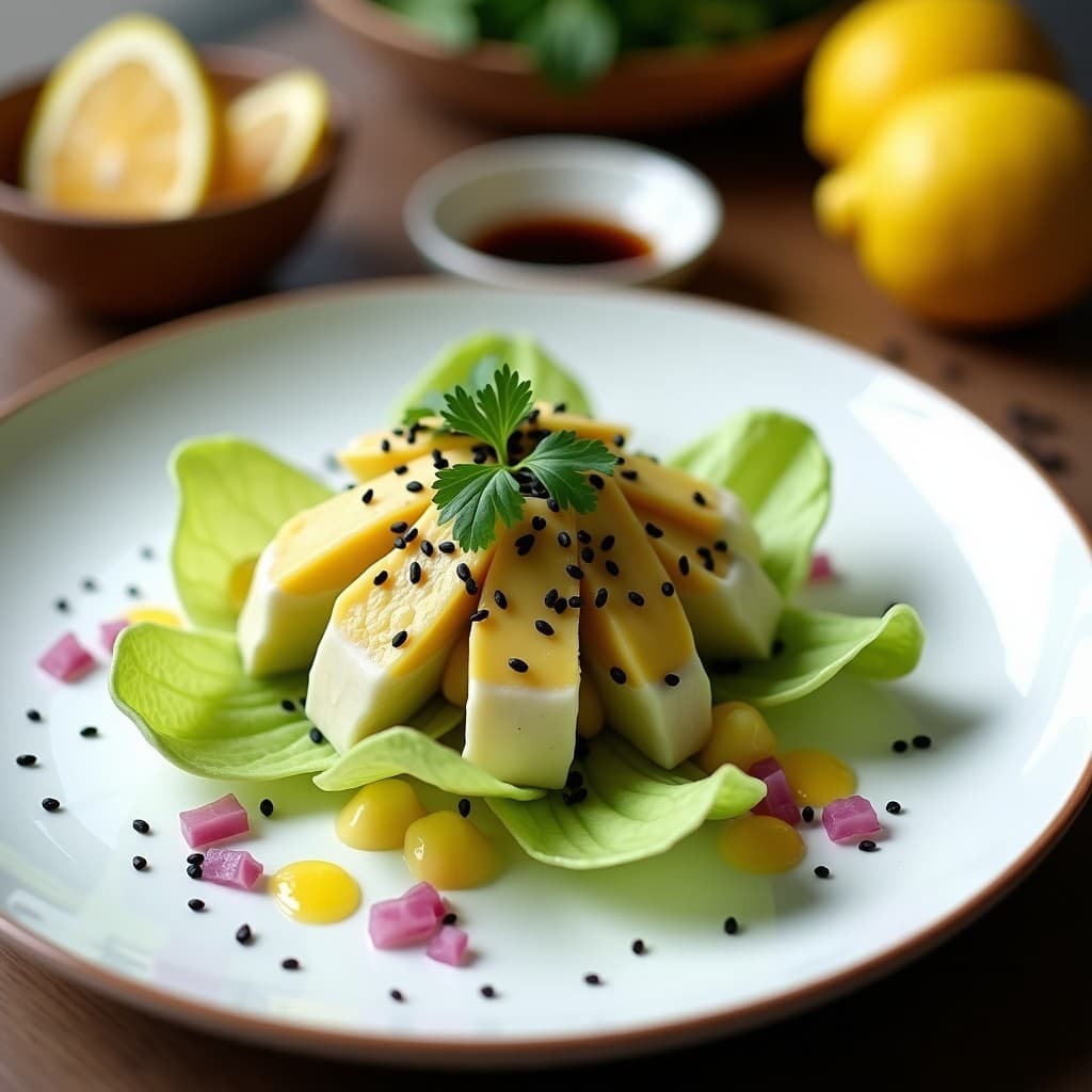 Plato de ceviche vegano fusion peruano-japonés con láminas de corazón de alcachofa marinadas en leche de tigre de limón yuzu, servido sobre hojas de endibia y decorado con aguacate, semillas de sésamo negro y pimienta rosa.