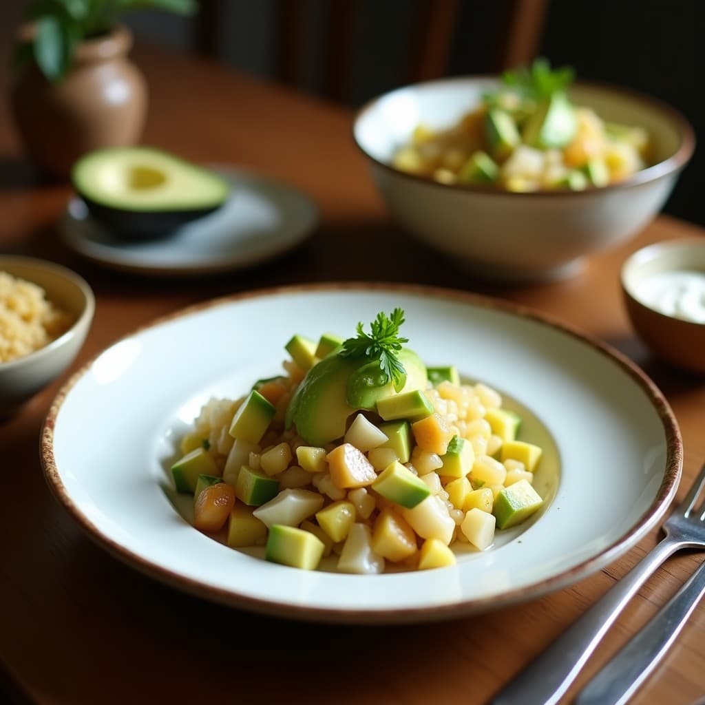 Ceviche vegano de corazón de palma y aguacate con leche de coco servido en copa de cristal transparente, decorado con semillas de sésamo, cilantro fresco y rodajas de lima sobre fondo blanco rústico.