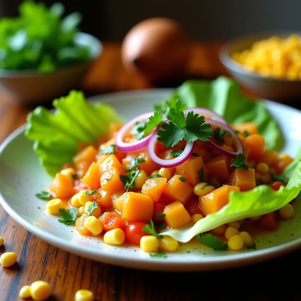 Ceviche vegano de corazón de palma con lulo y cilantro servido en plato hondo sobre hojas de lechuga romana, decorado con cubos de aguacate, maíz tostado y cilantro fresco, con un fondo rústico de madera.