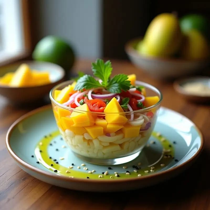Ceviche vegano brasileño de corazón de palma y mango con aceite de sésamo servido en un plato blanco hondo. Los cubos de mango amarillo y corazón de palma blanco se mezclan con juliana de cebolla morada, pimiento rojo y cilantro fresco. Decorado con semillas de sésamo negro y hojas de menta, con un hilo de aceite de sésamo tostado brillando sobre la mezcla.