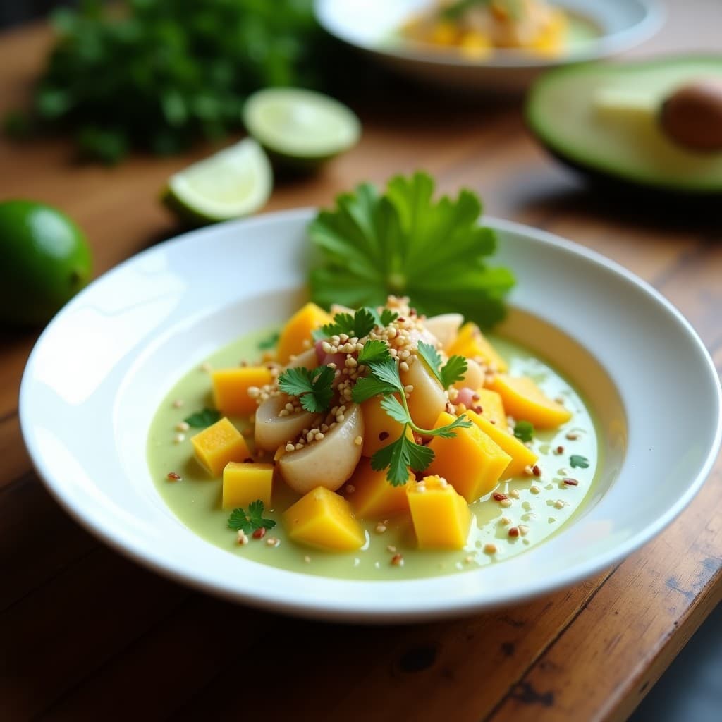 Plato hondo de cerámica blanca con ceviçe de corazón de palma y mango en trozos, bañado en leche de tigre de lima cremosa, decorado con semillas de sésamo y cilantro fresco. Fondo con hojas de lechuga y rodajas de lima.