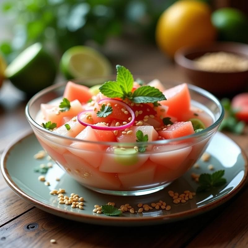 Ceviche de corazón de palma y pomelo servido en copa de cristal transparente, con rodajas de corazón de palma, trozos de pomelo rosa, cilantro fresco y semillas de sésamo. Plato fresco y vibrante, típico de la cocina brasileña vegana sin cocción.