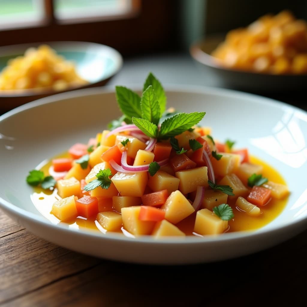 Plato blanco con ceviche de corazón de palmito y tomate de árbol, bañado en leche de tigre amarilla, decorado con hojas de hierbabuena y acompañado de cancha serrana tostada.