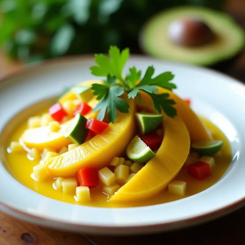 Ceviche vegano de palmitos en rodajas con leche de tigre amarilla, decorado con aguacate en cubos y cilantro fresco sobre un plato blanco rústico, con fondo de hojas verdes.