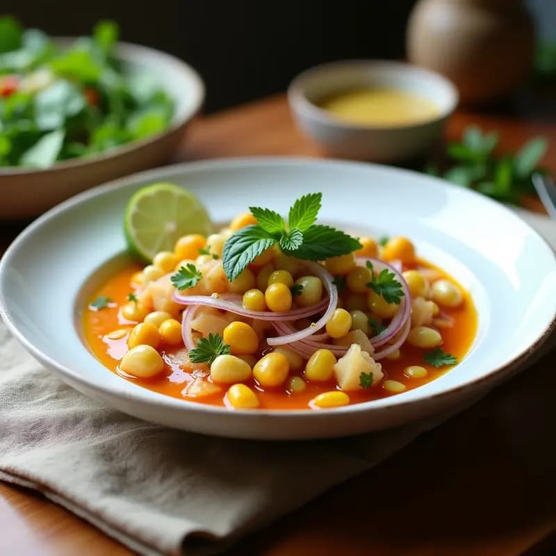 Plato de ceiche vegano colombiano con rodajas de palmito tierno, cebolla morada en juliana, coriandro fresco y maíz tostado, bañado en una vinagreta de lulo de color naranja intenso. Decorado con hojas de hierbabuena y rodajas de limón verde sobre un fondo rústico de madera.
