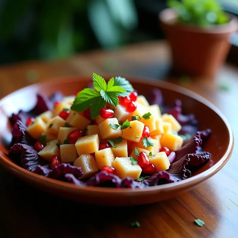 Plato de ceviche de corvina ahumada y cocotero ecuatoriano, servido sobre hojas de lechuga morada con semillas de granada, cebolla morada en juliana y cilantro fresco. Destaca el contraste de colores entre el blanco ahumado del pescado, el naranja del cocotero y el rojo intenso de la granada.