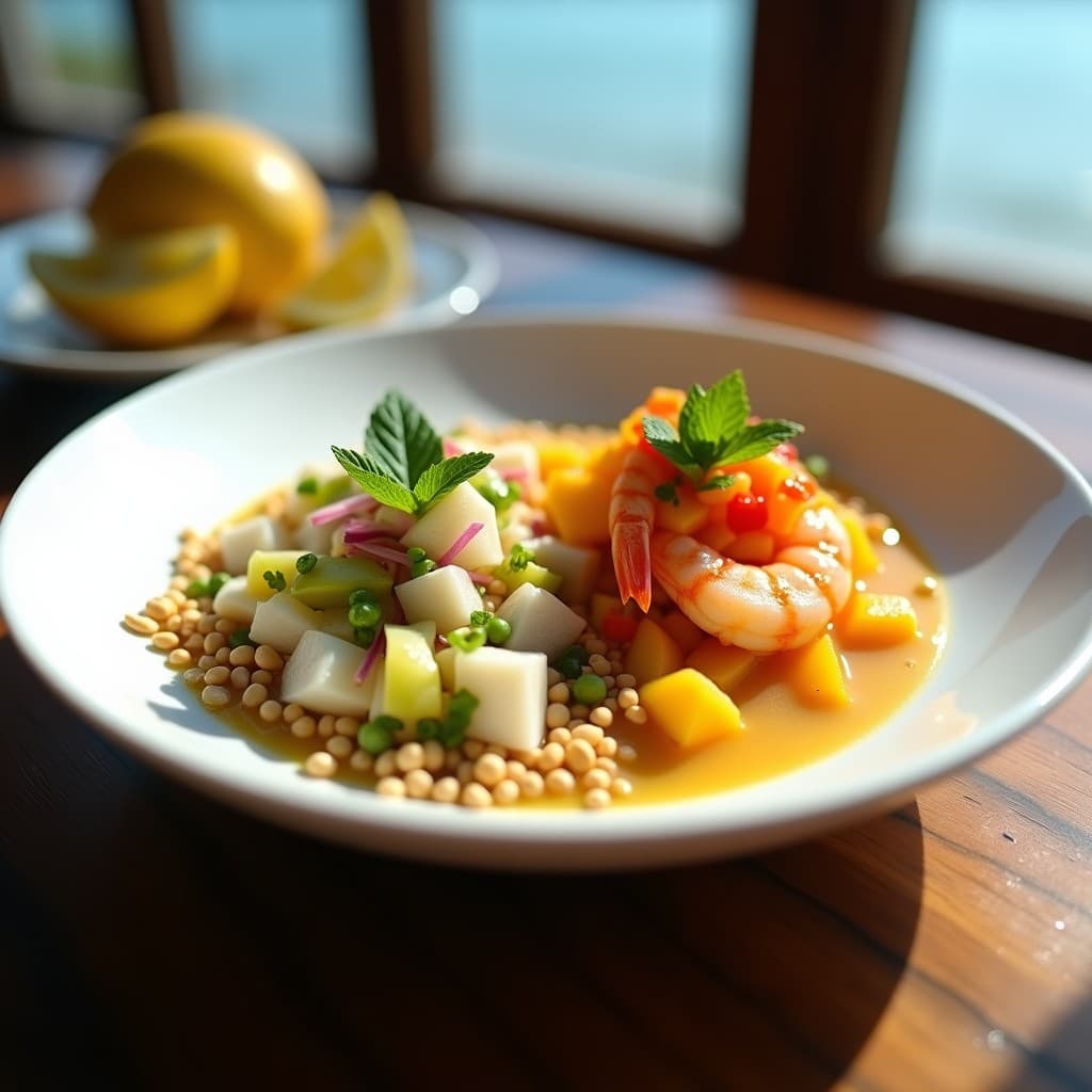 Plato hondo blanco con ceviche ecuatoriano en dos texturas: corvina con mango verde a la izquierda y camarón con maracuyá a la derecha, decorado con cacahuates tostados, cilantro, hojas de menta y hielos de leche de coco.